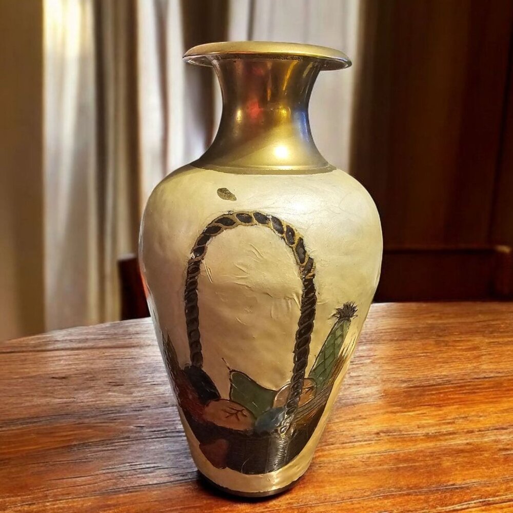 Vintage 8" Brass Enamel Painted Vase Fruit Basket Design Small Chip in Enamel